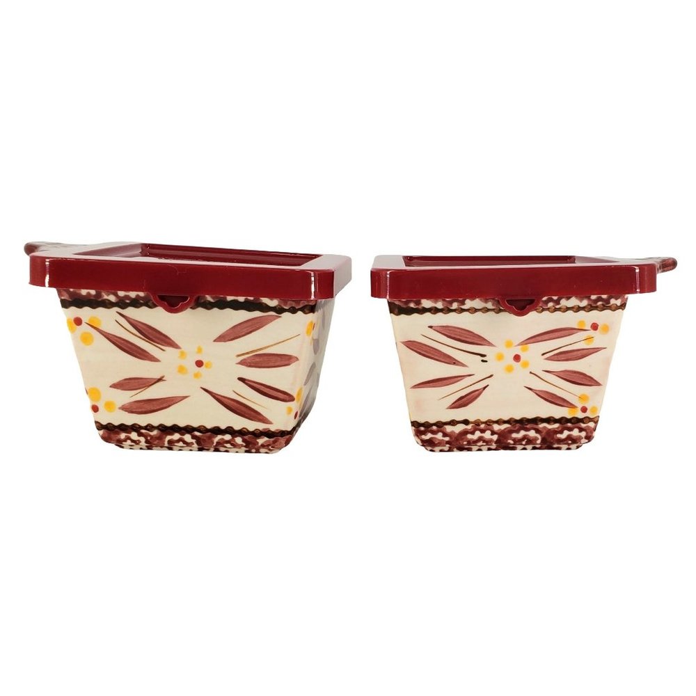 Temptations Set/2 Old World Cranberry Ramekins w/Lids Baking Ovenware Leftovers